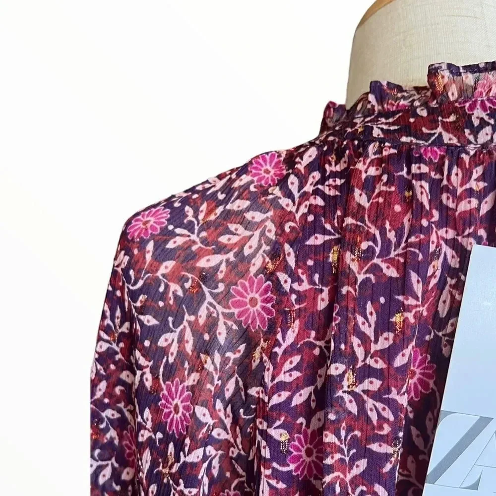 Zara Kids Purple Floral Rhinestone Dress Sizes 6 8 9 NWT Long Sleeve Girls Dress